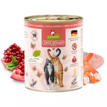 Šlapias kačių ėdalas Fox4Pets GRANATAPET DeliCATessen Turkija ir krevetės, be grūdų, 800 g, pilnavertis suaugusioms katėms