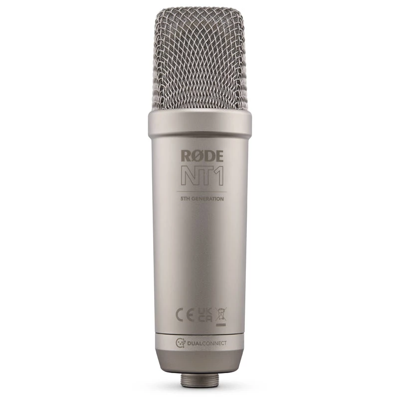 Studijinis kondensatorinis mikrofonas RØDE NT1‑A 5th Gen — kardioidinis, XLR/USB, 24/32 bitų, iki 192 kHz, maks. SPL 142 dB, sidabrinis