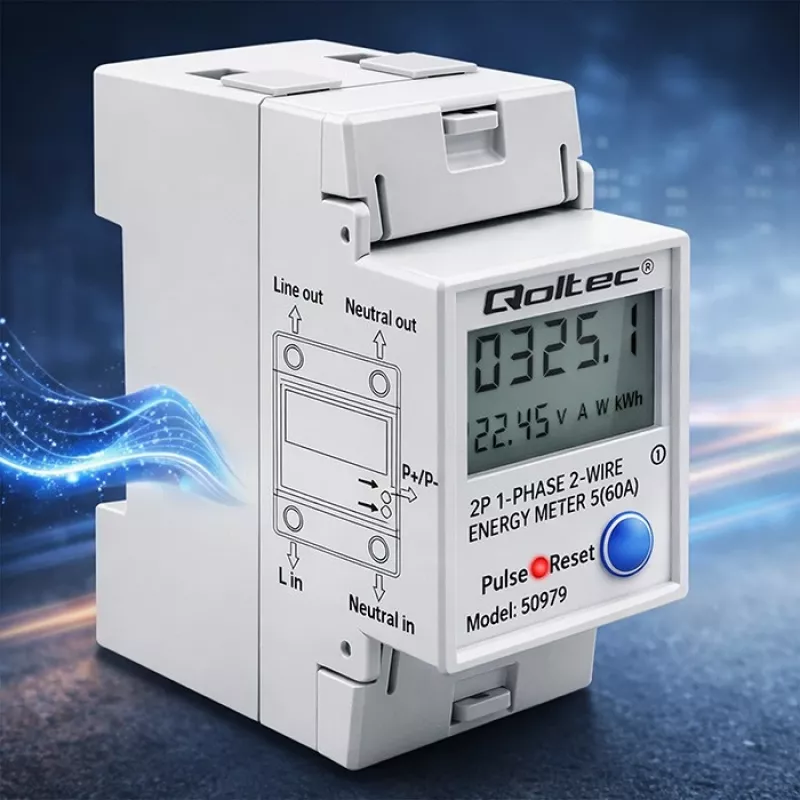 Energijos skaitiklis QOLTEC vienfazis DIN bėgelis 230V (MPN 50979)