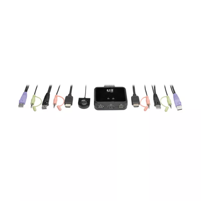 Eaton Tripp Lite serijos 2 prievadų USB/HD kabelių KVM jungiklis su garsu ir vaizdu, kabeliais bei USB įrenginių dalijimusi