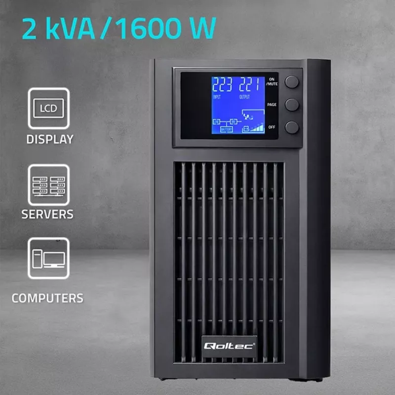 UPS QOLTEC gryno sinuso banga 2kVA 1600W su AVR ir LCD ekranu