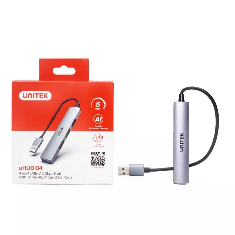 USB šakotuvas Unitek H1208A — 4 prievadai (1 × USB 3.2 Gen 1 Type-A, 3 × USB 2.0), aliumininis korpusas, pilka, 0,20 m laidas