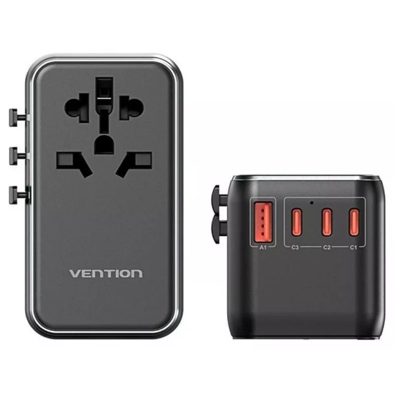 Įkroviklis Vention FJGB0 100W GaN su 3× USB-C ir 1× USB-A, juodas