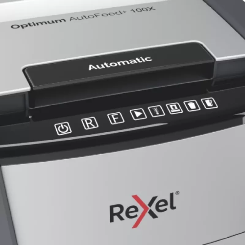 Popieriaus smulkintuvas REXEL Optimum AutoFeed+ 100X — automatinis 100 lapų, kryžminis pjovimas 4 x 28 mm, 34 L krepšelis, aliuminis