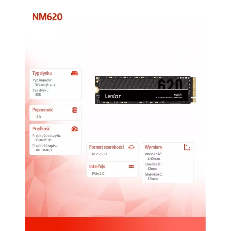 SSD diskas Lexar NM620 1TB NVMe M.2 2280, 3300/3000MB/s