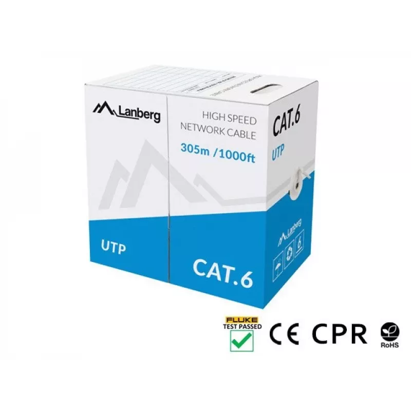 Tinklo kabelis LANBERG Cat6 U/UTP LCU6-11CU-0305-S, 305 m, 23 AWG, pilkas, HDPE apvalkalas