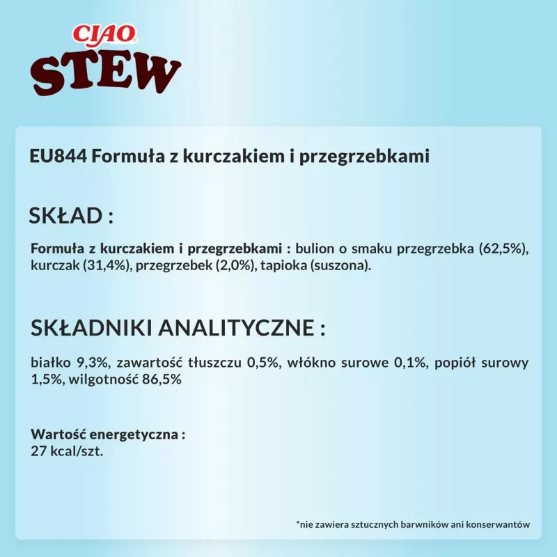Šlapieji skanėstai katėms INABA Ciao Stew Vištiena ir Jūros šukutės maišelis 40 g – be grūdų, suaugusioms, mėsingi