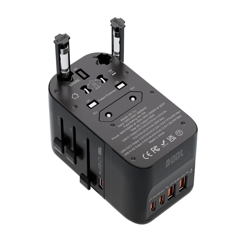 Kelioninis adapteris BlitzWolf BW-TA2 5-in-1 su 2×USB Power Delivery 100W, kelių formatų lizdu