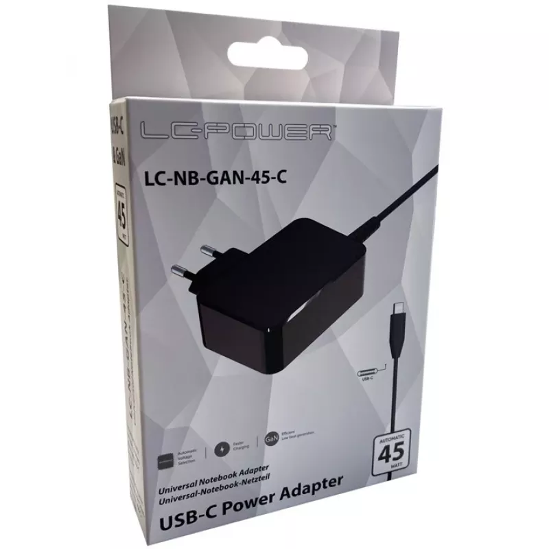 LC-Power LC-NB-GAN-45-C įkroviklis nešiojamam kompiuteriui, 45 W, USB-C, GaN