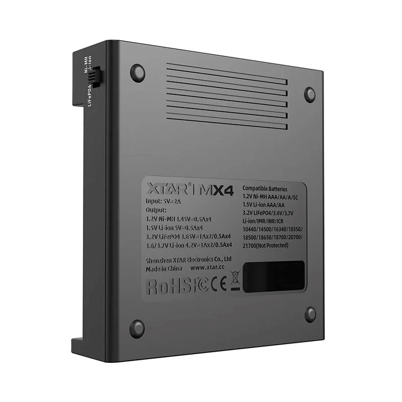 Įkroviklis XTAR MX4 4 lizdų universalus Li-Ion NiMH USB-C, juodas