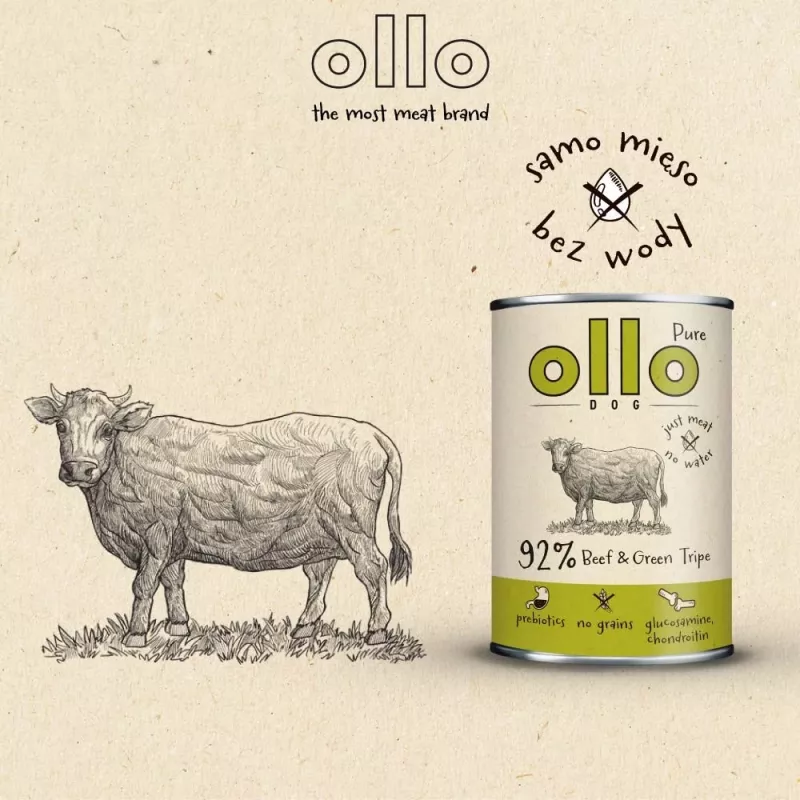 Šlapias šunų ėdalas OLLO Pure Beef and Green Tripe 400 g skardinė – suaugusiems, baltymai 14,5%, riebalai 11,9%, drėgmė 69%