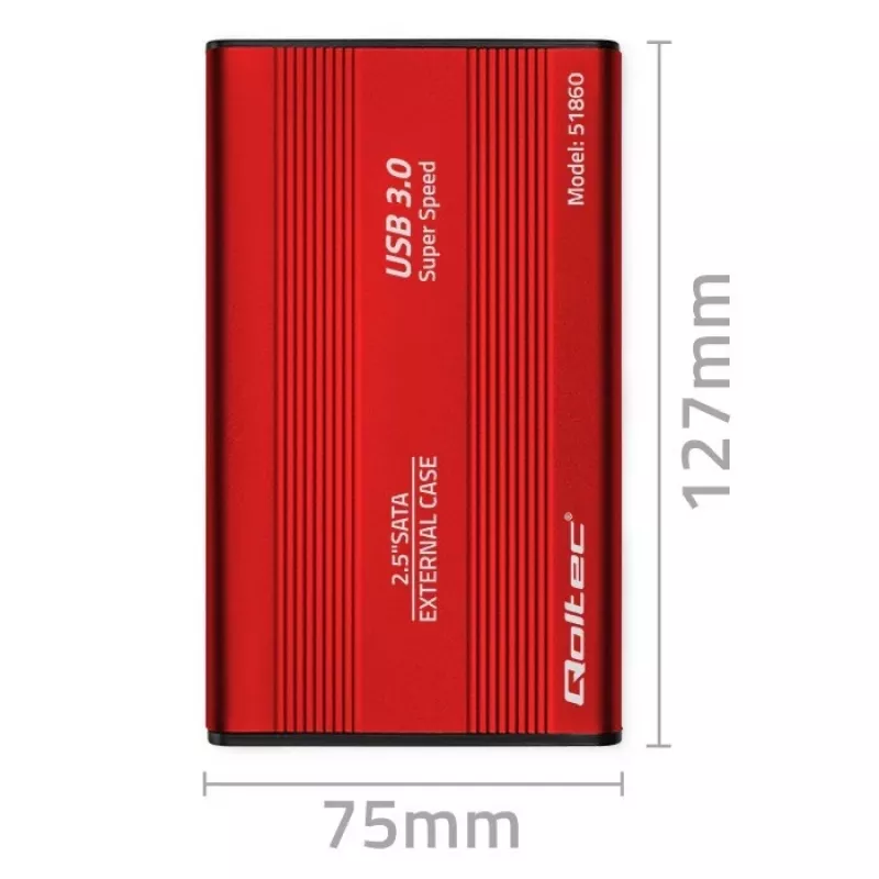 Išorinis HDD/SSD dėklas QOLTEC 51860 2,5 colio SATA III diskams, USB Type-A, 5 Gbit/s, aliuminis, raudonas