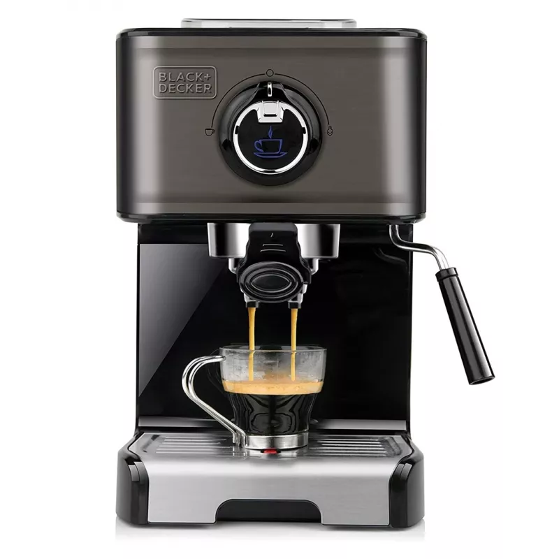 Espresso aparatas Black & Decker BXCO1200E – 1200 W, 15 bar, 1,2 L vandens bakelis, 2 puodeliams, su pieno putotoju, sidabrinis