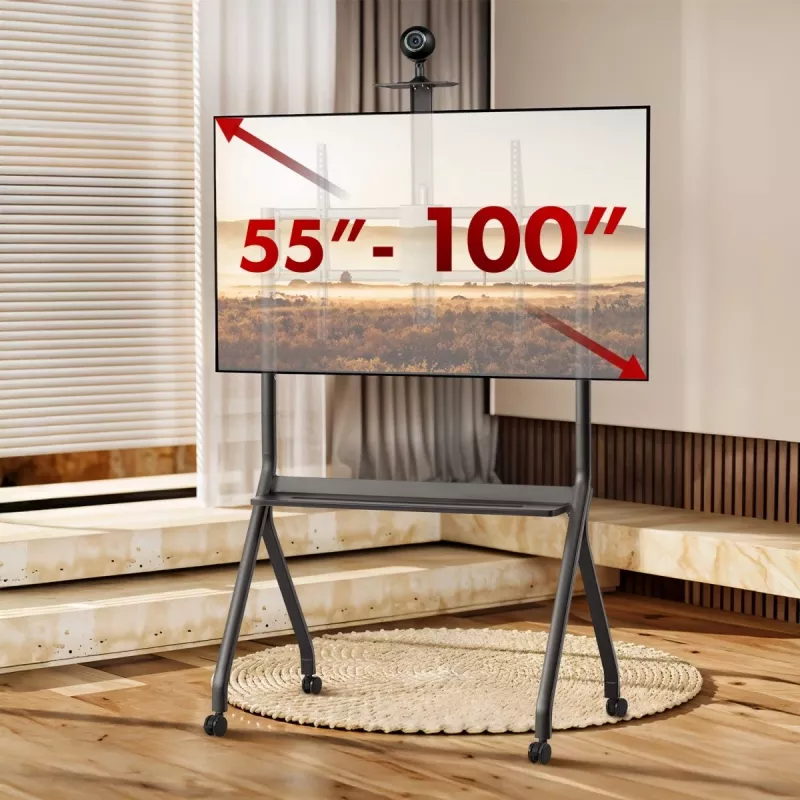 Pakraunamas TV stovas MACLEAN MC-114 B, skirtas 55–100 colių ekranams, maks. apkrova 120 kg, VESA 200x200–900x600, aukštis 115–152 cm, juodas, su lentyna