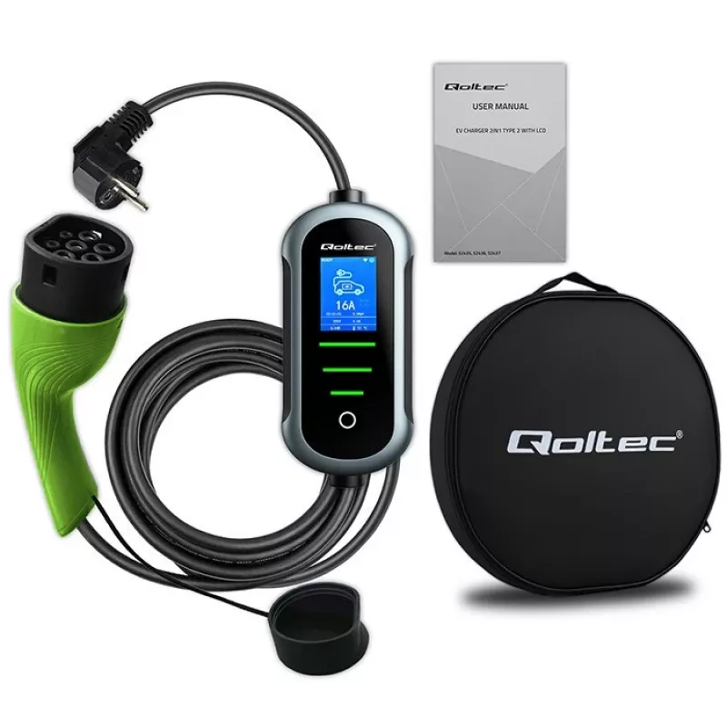 Elektrinės transporto priemonės įkroviklis QOLTEC EV car charger w/ adjust. Type2 2in1 3.5kW – kompaktiškas AC įkroviklis, 2 tipo kištukas, 3,5 kW