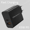 Qoltec 52380 Super Quick PD įkroviklis | 1xUSB-C | 1xUSB | 65W | 5-20V | 1,5-3,25A | Juodas