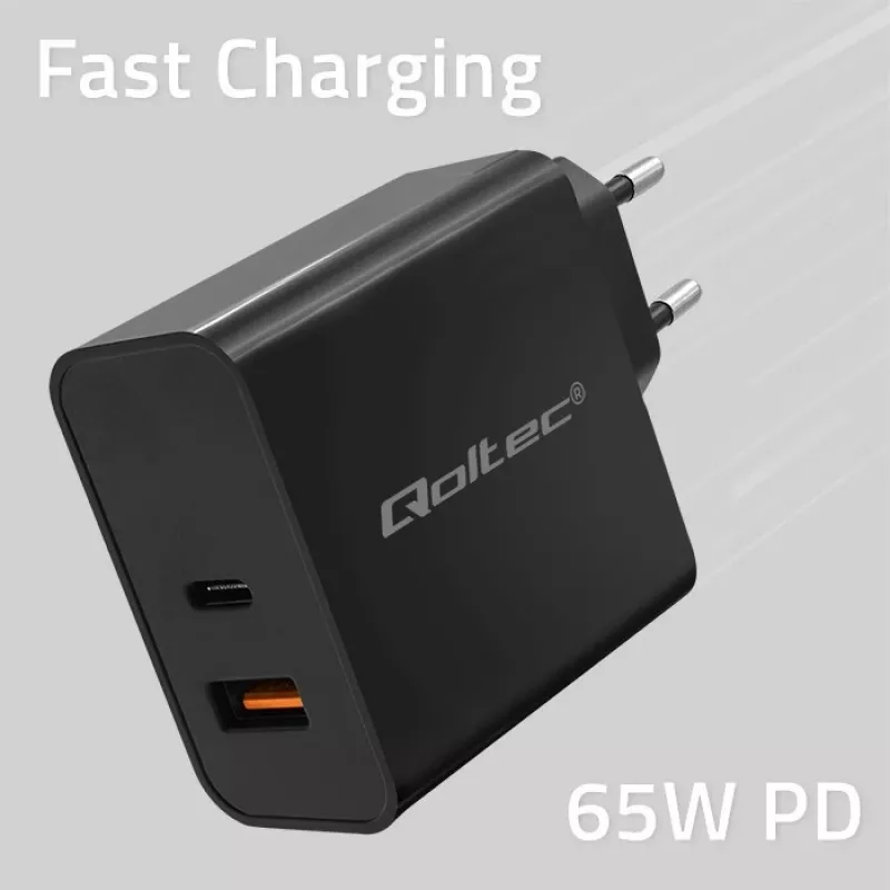 Qoltec 52380 Super Quick PD įkroviklis | 1xUSB-C | 1xUSB | 65W | 5-20V | 1,5-3,25A | Juodas