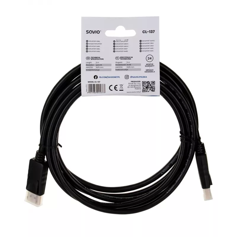Savio CL-137 DisplayPort kabelis 3 m Juoda