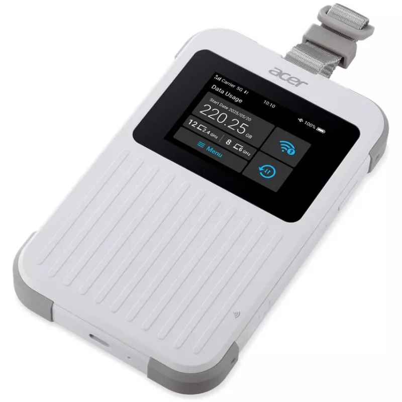 Nešiojamasis maršrutizatorius Acer Connect M6E su 20GB, dviejų juostų (2,4 GHz + 5 GHz arba 2,4 GHz + 6 GHz), Wi‑Fi 6E, 5G, IP68, 2x2 vidinės antenos, 4 GB RAM, 2,5 GHz CPU