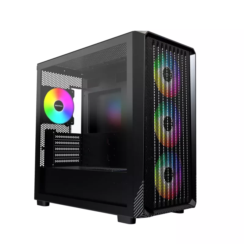 Montech X5M (B) juodas Micro Tower kompiuterio korpusas – Micro-ATX/Mini-ITX, 3x120mm priekyje, 1x120mm gale, palaiko ATX maitinimo šaltinį, 2x3,5 colio + 4x2,5 colio diskų vietos