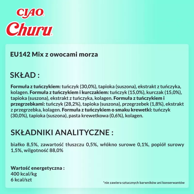 Šlapi kačių skanėstai INABA Churu Variety box Tunas su jūros gėrybėmis – 40 x 14 g pastos paketėliai, be grūdų, be cukraus