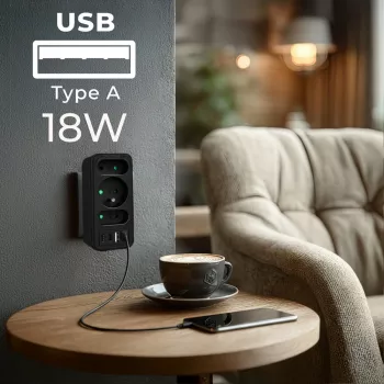 Maitinimo skirstytuvas MACLEAN MCE248 F/B – 3 AC lizdai (1x16A, 2x6A) ir 4 USB prievadai (2xUSB‑A, 2xUSB‑C PD 20W), EU kištukas, juodas