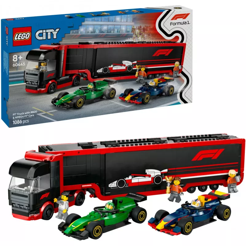 LEGO CITY 60445 F1 sunkvežimis su RB20 ir AMR24 F1 automobiliais