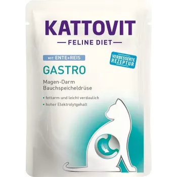 Šlapias veterinarinis ėdalas katėms KATTOVIT Adult Duck & Rice sachet 85 g – virškinimo palaikymas, kasos nepakankamumas