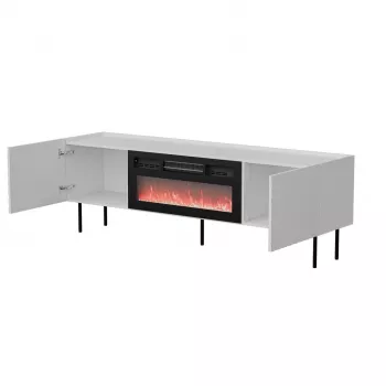 TV spintelė cama meble LUCCA 180x40x59 cm, baltas viršus ir rėmas, juodas elektrinis židinys