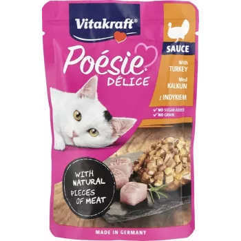 Šlapias kačių ėdalas Vitakraft Poésie Delice kalakutiena 85 g – suaugusioms katėms, daug drėgmės, baltymų 8%, riebalų 4,5%