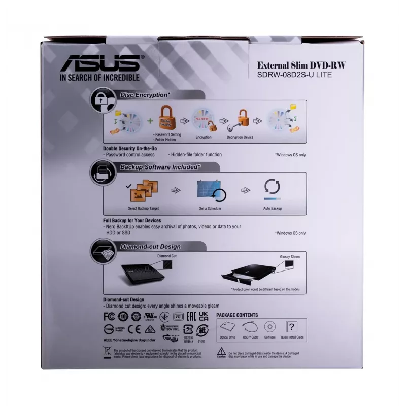 Išorinis DVD±RW optinis įrenginys ASUS SDRW-08D2S-U Lite, USB 2.0, juodas, 24x CD / 8x DVD, 142×142×20 mm