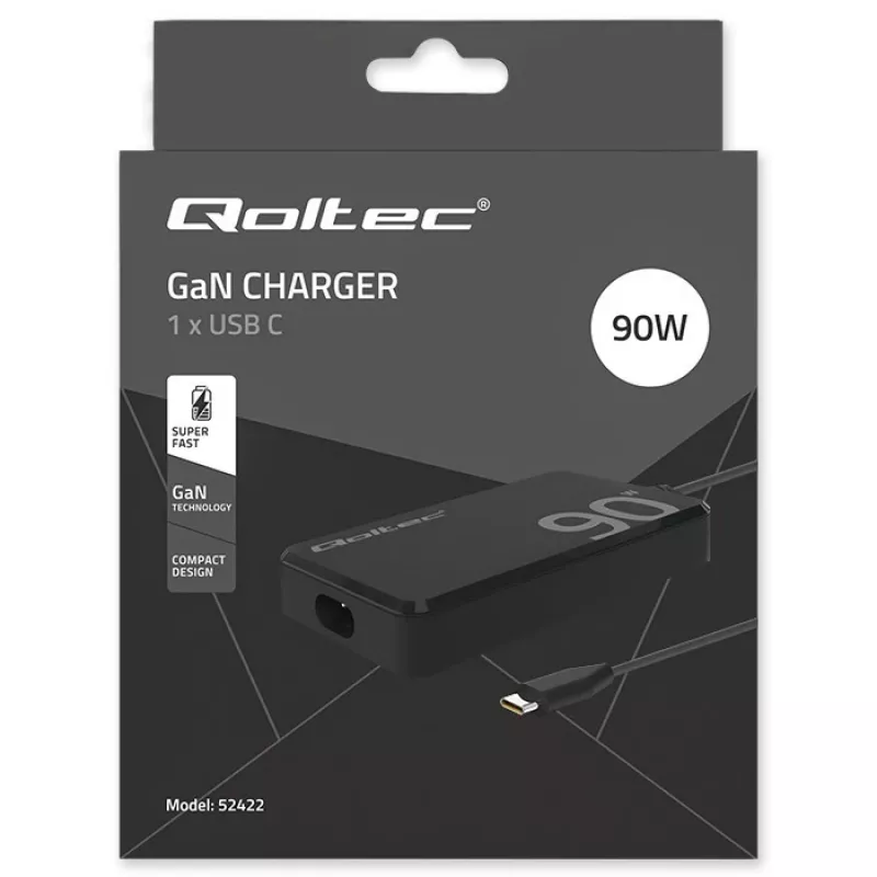 Qoltec 90W GaN Super Fast SLIM sieninis įkroviklis | XP | 5-20V | 4,5A | USB-C 3.1 | Nešiojamam kompiuteriui | MacBook | Išmaniajam telefonui | + laidas