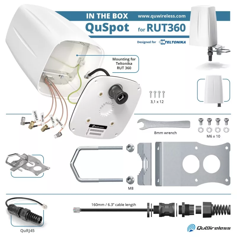 Kryptinė omni antena QuWireless QuSpot A360S – PoE/LAN, 6 dBi, 0.694–2.7 GHz, vertikali poliarizacija