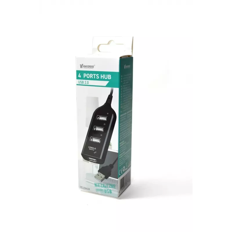 VAKOSS USB hubas TC-234UX – 4 prievadų USB 2.0 centras, maitinimas DC (5V, 1A), juodas