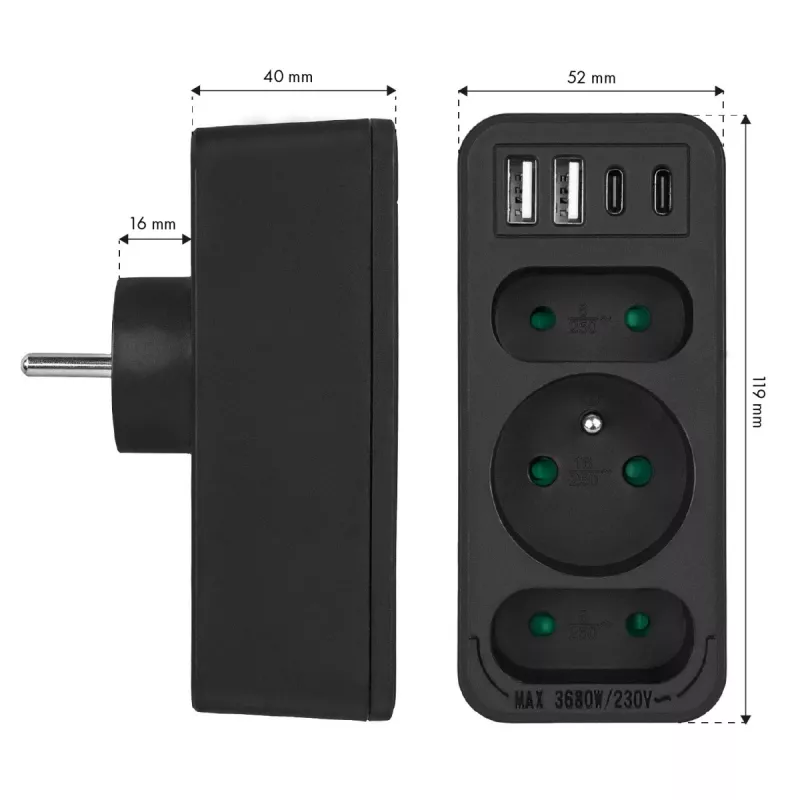Maitinimo skirstytuvas MACLEAN MCE248 F/B – 3 AC lizdai (1x16A, 2x6A) ir 4 USB prievadai (2xUSB‑A, 2xUSB‑C PD 20W), EU kištukas, juodas
