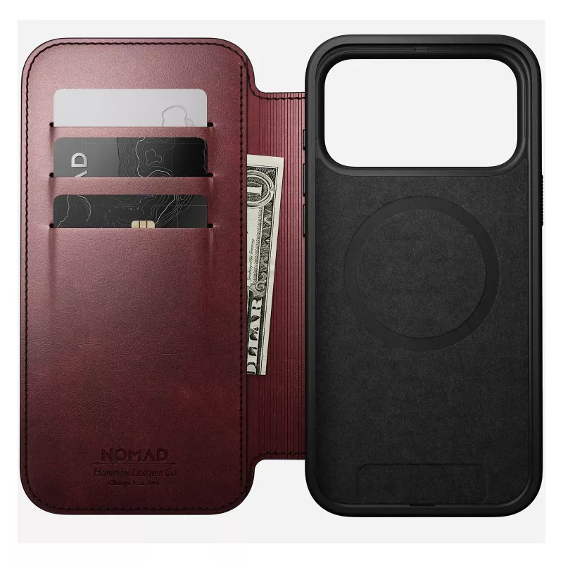 Dėklas telefonui Nomad Modern Leather Folio, skirtas iPhone 17 Pro Max — odinis, TPU, PC, aliuminis, bordo spalvos, 16 cm (6,3 colio)