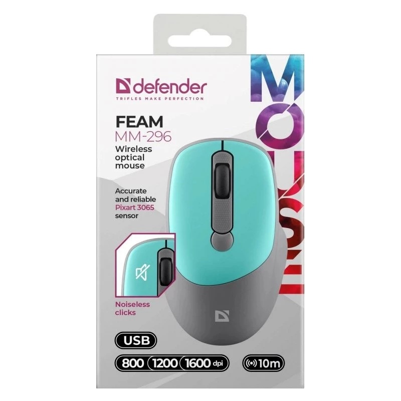 Belaidė pelė DEFENDER Silent Click C Mint 52294 – ambidekstrinė, 1600 DPI, 2.4 GHz nano USB