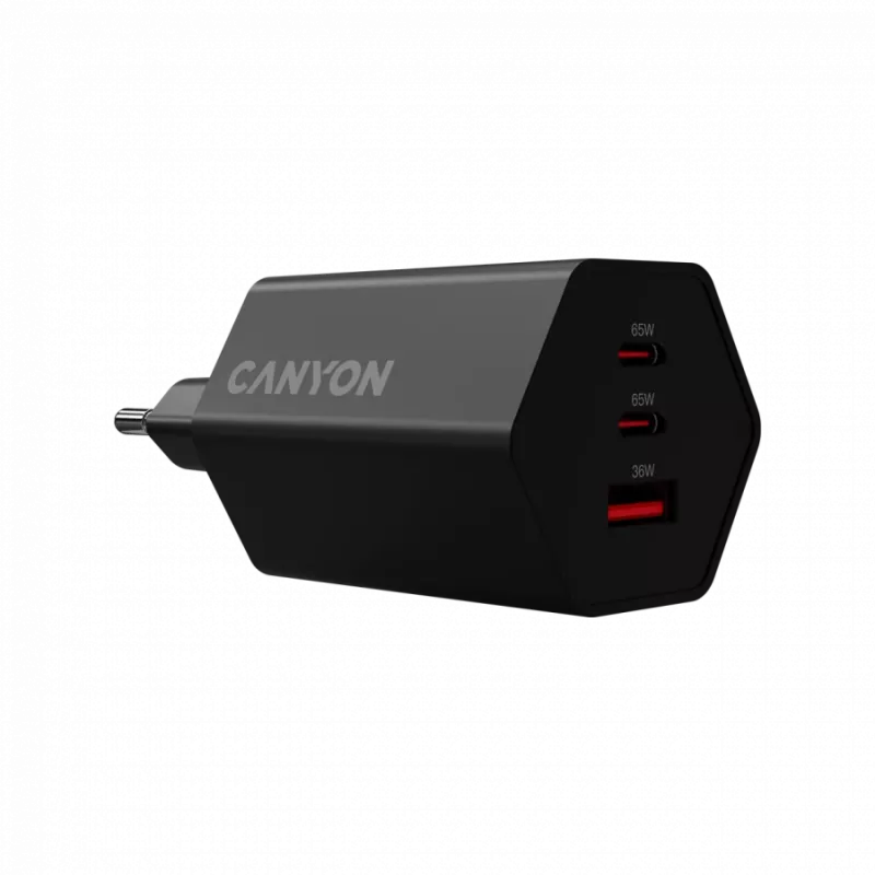 CANYON Charger HEXAGON 65 GaN 65W 2xPD 1xQC EU juodas (CND-CHAHEX65B)