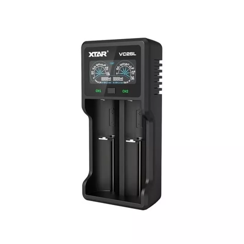 Įkroviklis baterijoms XTAR VC2SL — USB 5V 1A, LCD, įkrauna 2 elementus, tinka Li‑Ion/NiMH/NiCd, dydžiai A/AA/AAA/AAAA/C/D/SC, juodas