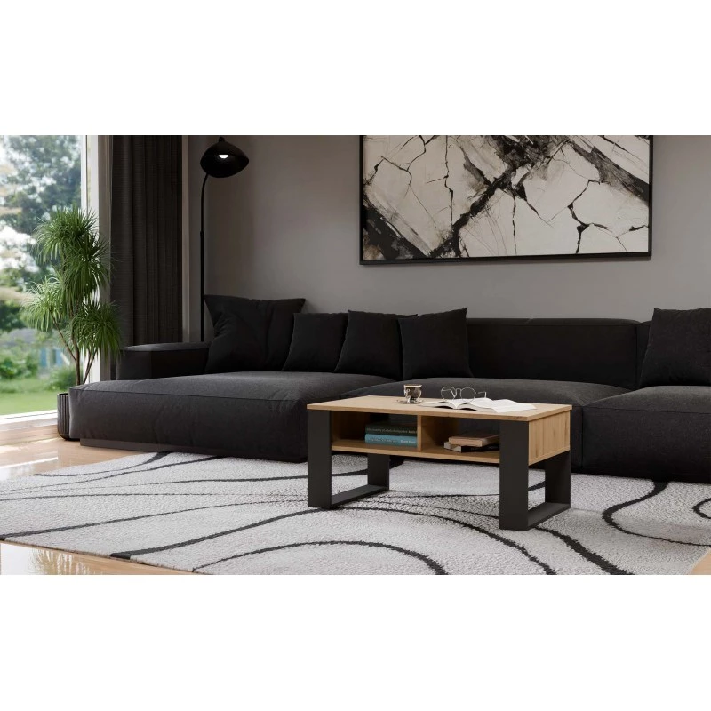 Staliukas kavai Modern 90×58×50 cm, antracitinis rėmas, Artisan oak lentynos, matinis