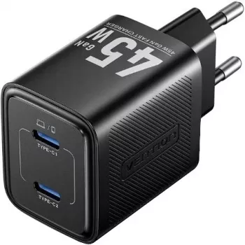 Vention FEFB0-EU 45W greitasis sieninis kroviklis su 2× USB-C – išmaniesiems telefonams, nešiojamiesiems kompiuteriams, planšetėms, išmaniesiems laikrodžiams, ausinėms (juodas)