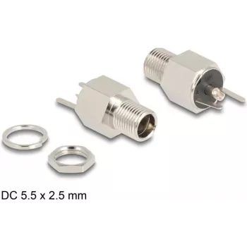 DeLOCK jungtis DC 5,5 x 2,5 mm moteriška, skirta montuoti į skydą, lituojama, šešiakampė, 20 V 9 A