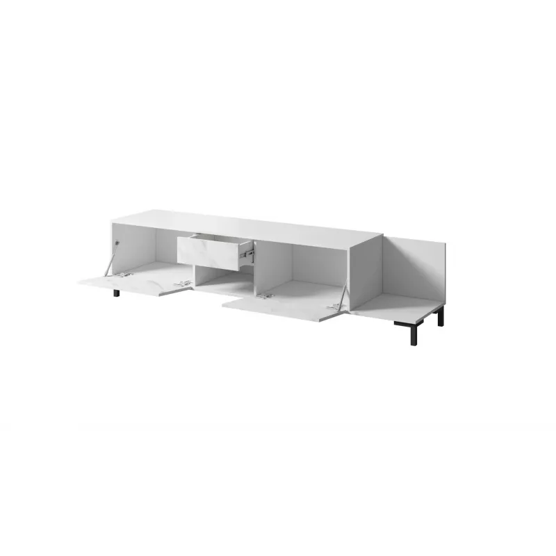 TV spintelė Cama Meble MARMO 2D1S1K, 195x40x47,5 cm, balta matinė/viršus marmuras baltas