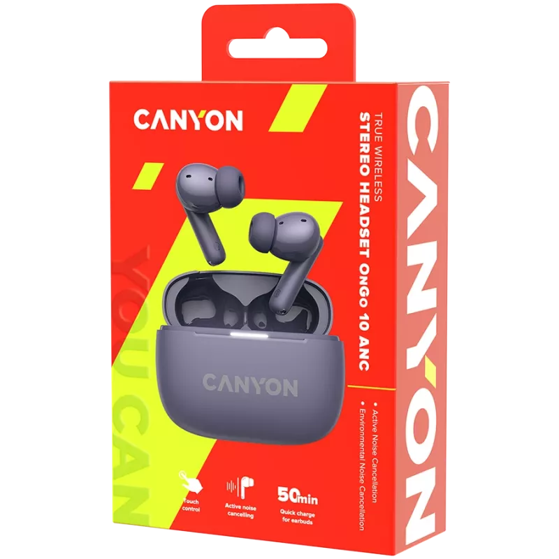 Canyon CNS-TWS10PL Ausinės ir ausinių rinkinys Tikras belaidis stereogarsas (TWS) Į ausį Skambučiai/muzika/sportas/kasdienis naudojimas USB Type-C Bluetooth Violetinė (CNS-TWS10PL)