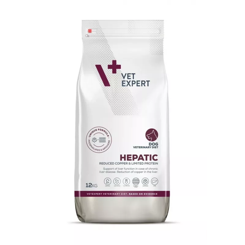 Sausas šunų ėdalas VETEXPERT Veterinary Diet Hepatic 12 kg – dietinis ėdalas kepenų funkcijai palaikyti, mėsos skonio, suaugusiems šunims 10–15,9 kg