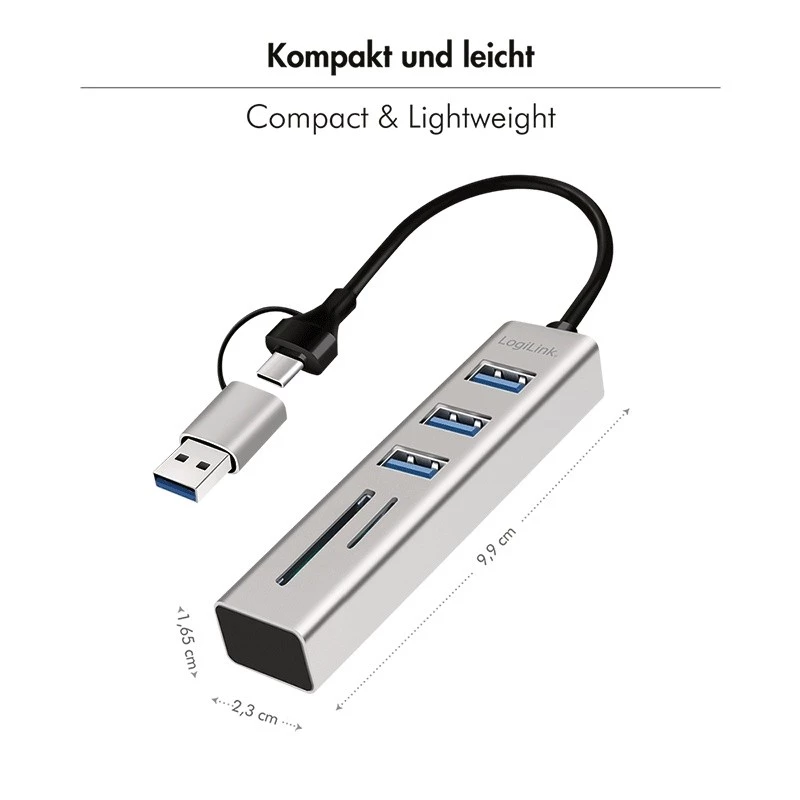 USB 3.0 šakotuvas su USB-A ir USB-C jungtimis, SD/microSD lizdu, 2in1