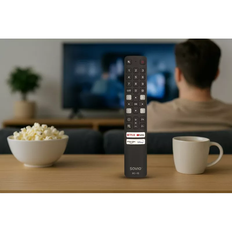 SAVIO universalus televizoriaus pultelis RC-15 TCL SMART TV, IR belaidis, juodas, veikimo nuotolis 10 m