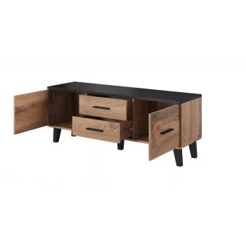 TV stovas Cama Meble LOTTA 140 cm – rėmas ąžuolas wotan, juoda medžio drožlių plokštės viršus, 1400×400×530 mm