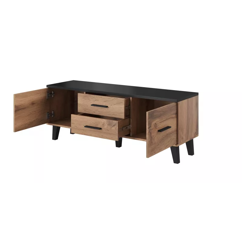 TV stovas Cama Meble LOTTA 140 cm – rėmas ąžuolas wotan, juoda medžio drožlių plokštės viršus, 1400×400×530 mm