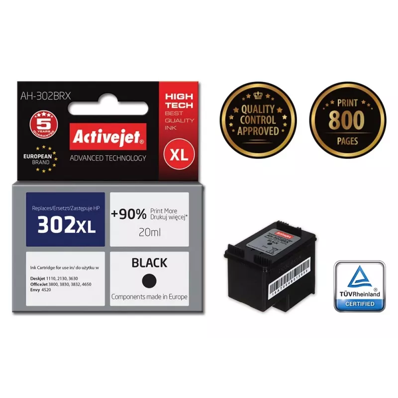 Activejet AH-302BRX rašalas (tinka HP 302XL F6U68AE; Premium; 20 ml; juoda)